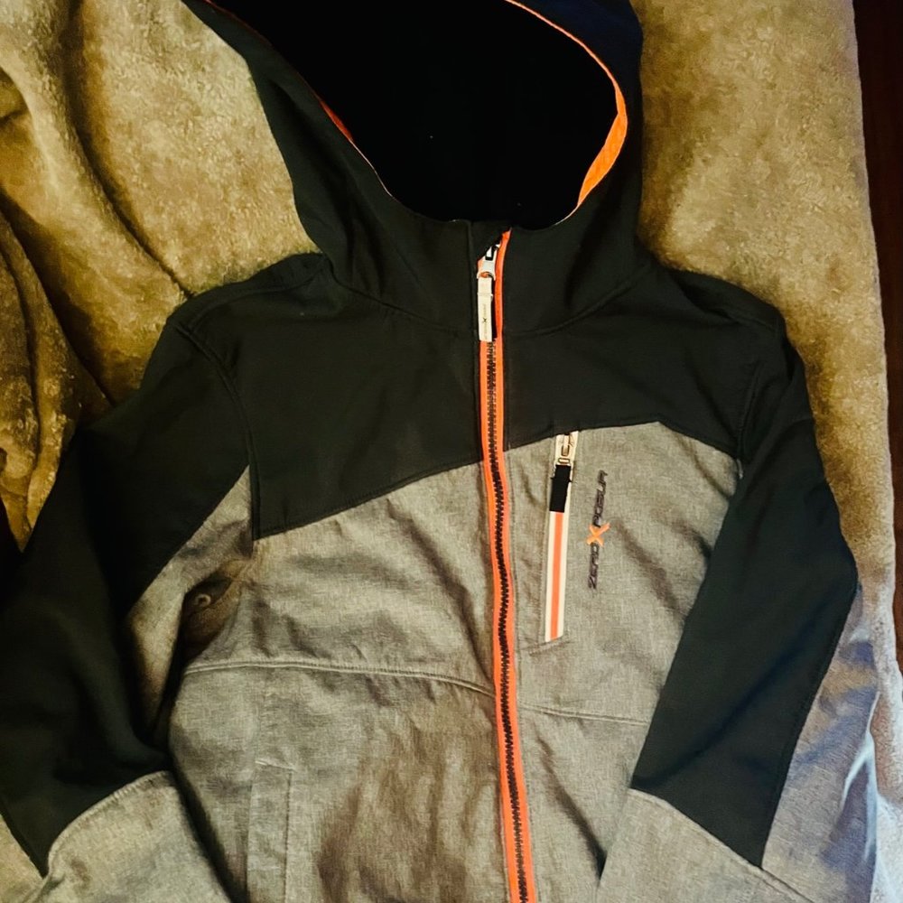 Zero X Posur Hooded Jacket Boys Size L 14-16 Gray, Orange, and Black